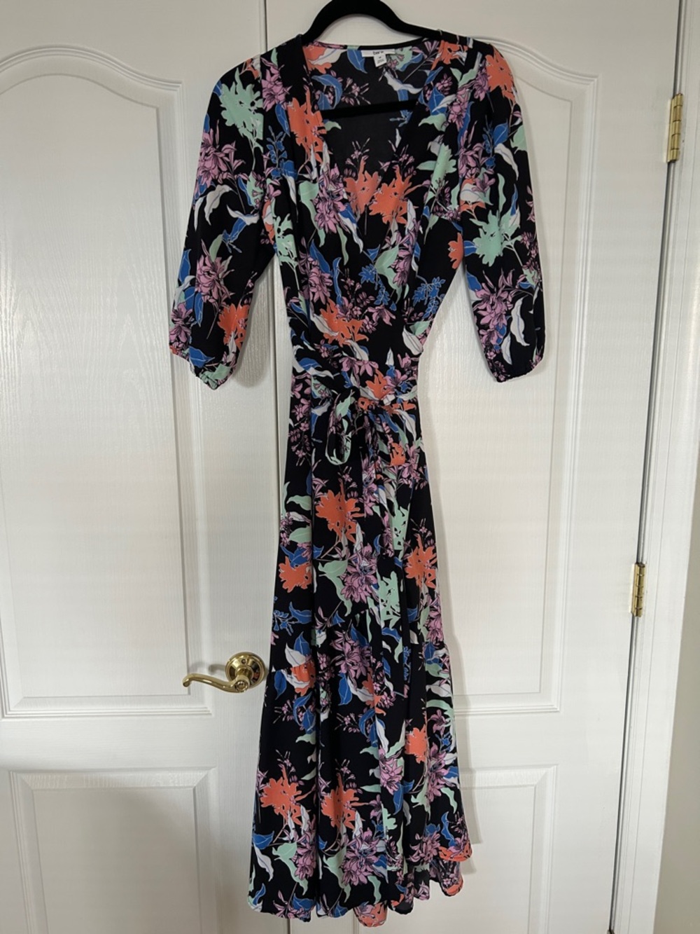 Women’s Black Floral Wrap Dress with Pastel Accents